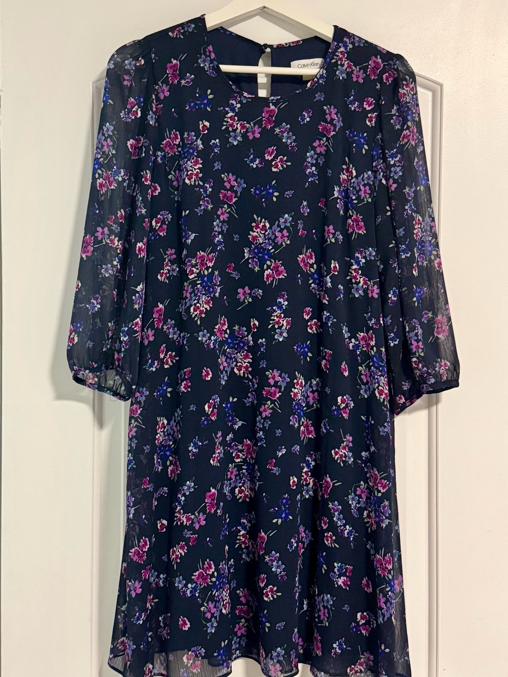 Calvin Klein Navy Floral Chiffon Dress with Pink & Purple Blooms